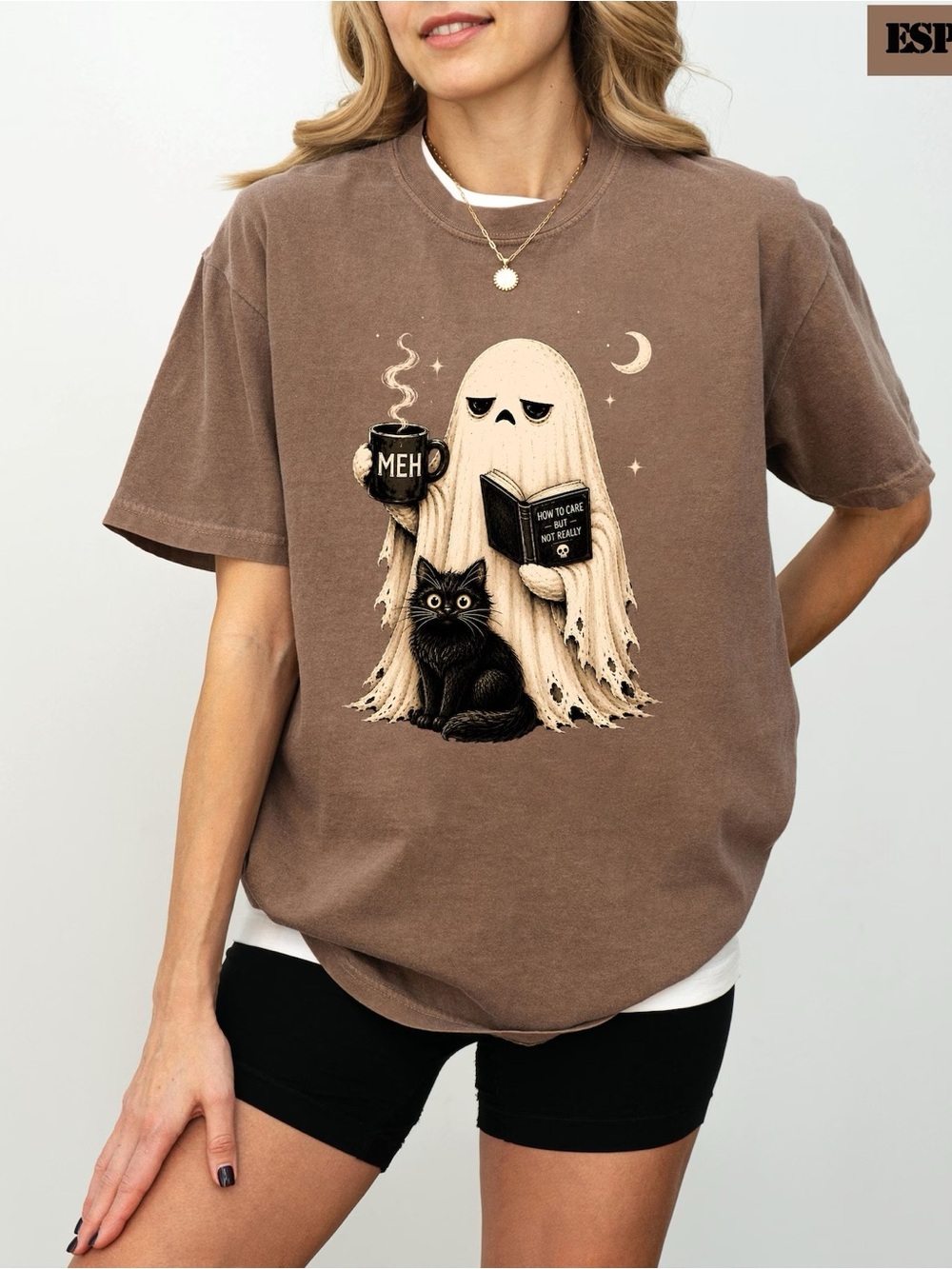 Comfort Colors Brown Tee with Cream Ghost and Black Cat Graphic